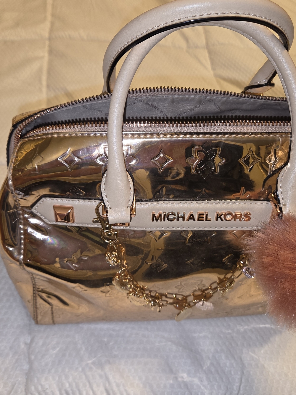 Michael Kors Rose Gold Dome Satchel Handbag Metallic Mirror Bag
